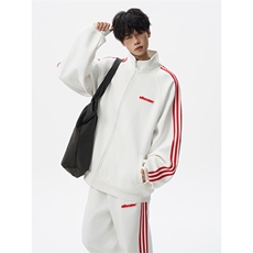 8XL-M条纹撞色开衫新年红卫衣运动套装潮牌运动服校园风TZ114P118，男装休闲套装，电商D206-1