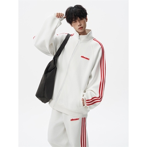 8XL-M条纹撞色开衫新年红卫衣运动套装潮牌运动服校园风TZ114P118图片