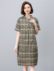 纯棉印花连衣裙女夏2025新款中年妈妈宽松大码遮肚子显瘦减龄裙子，女装连衣裙，依恋蒂丝