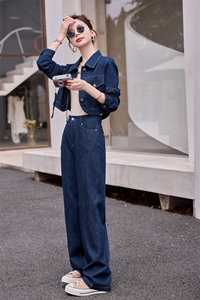 时尚高端休闲牛仔套装女2024年春秋季新款高腰直筒阔腿长裤两件套图片