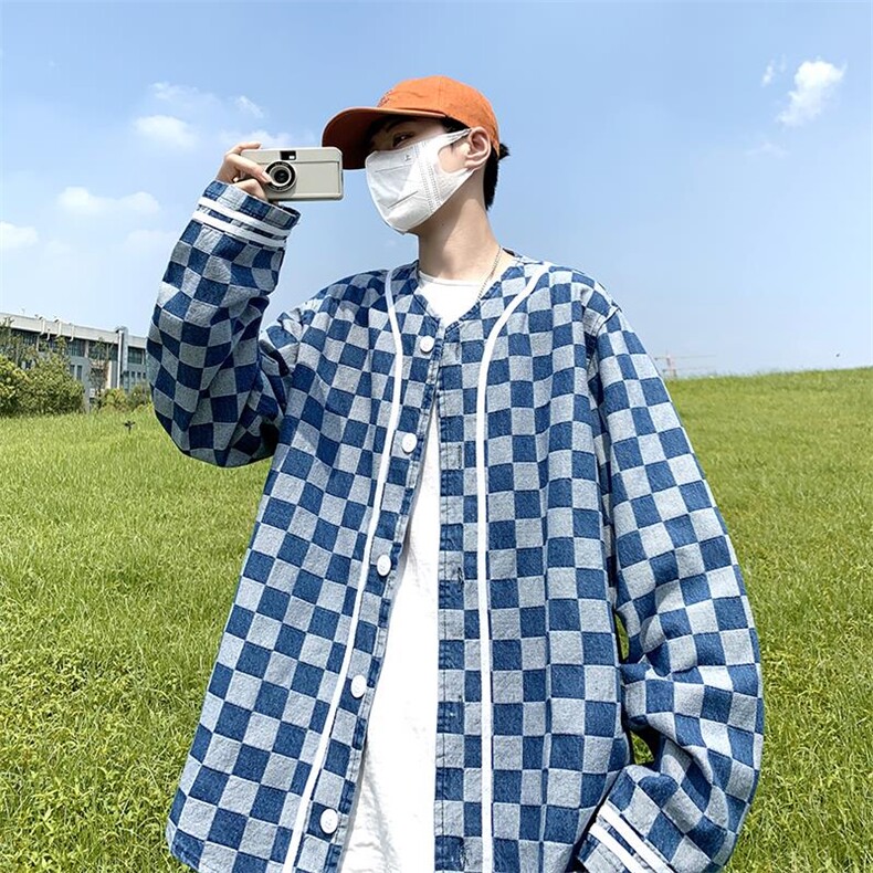 22秋冬港风大码美式棒球服长袖外套夹克格子牛仔衣潮流F17/P65,男装夹克,钱塘713