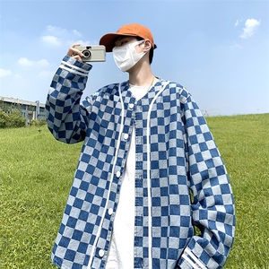 22秋冬 港风大码美式棒球服长袖外套夹克格子牛仔衣潮流 F17/P65图片