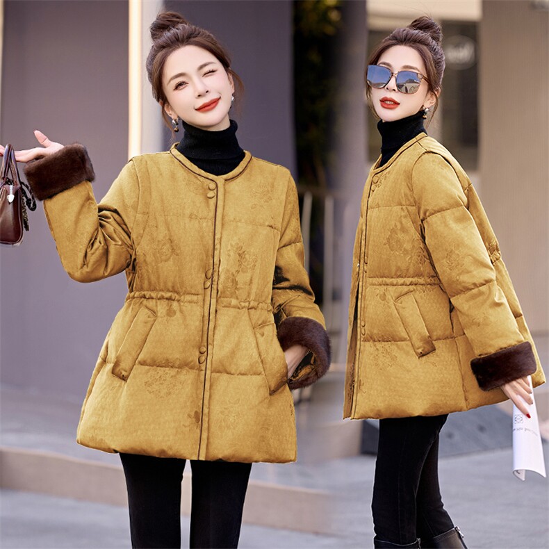 羽绒服女中长款2025冬季新款洋气独特别致新中式收腰复古绿色外套,女装羽绒服,伊仟回