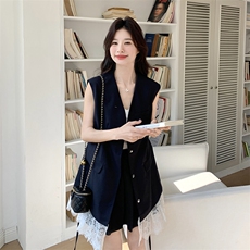 藏青色蕾丝拼接减龄西装裙女2025夏季新款韩版休闲显瘦气质连衣裙，女装连衣裙，浙宝276（原081）