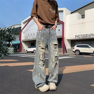 泼墨脏染水洗破洞牛仔裤夏季潮牌设计感宽松直筒阔腿裤1017 P50图片