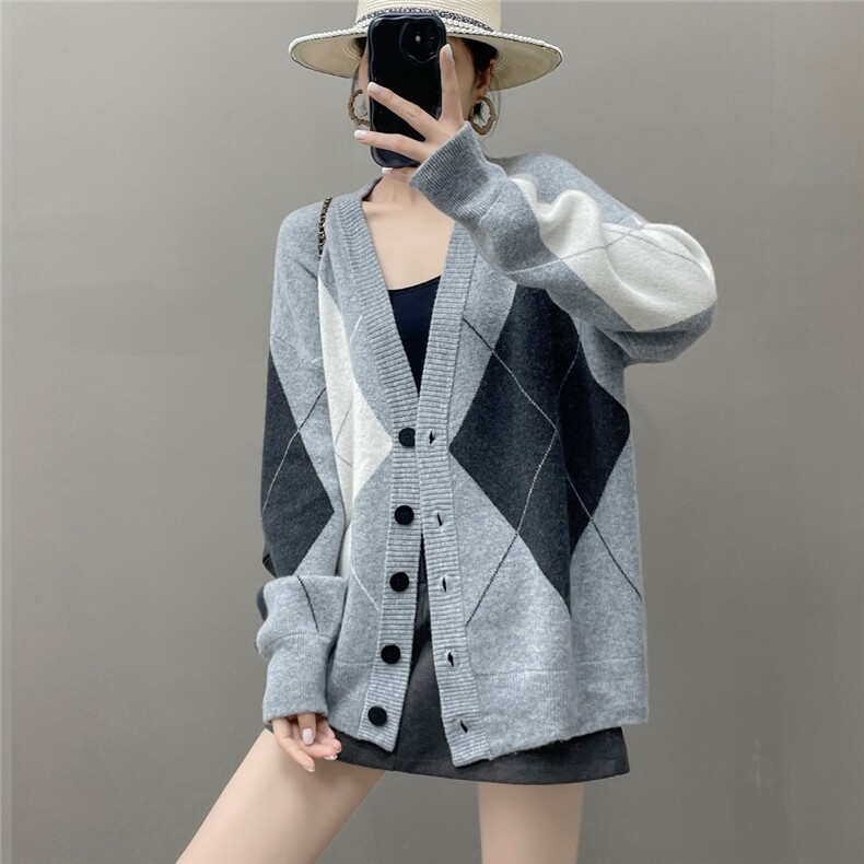 HE|菱形格拼色加厚baby山羊绒针织开衫女V领毛衣宽松中长款外套,针织衫/毛衣,国旺羊绒