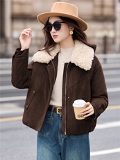 现货2025年冬季新款麂皮绒加棉棉衣羊羔毛毛领时尚棉衣，女装棉衣/棉服，悦祺