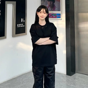 抖音得物品质二开240克宽松纯棉美式高街痞帅潮牌金属装饰短袖T恤