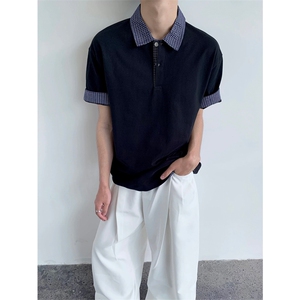 网图有货 夏季MIU风撞色蓝格假两件短袖宽松上衣POLO衫男A630-P38图片