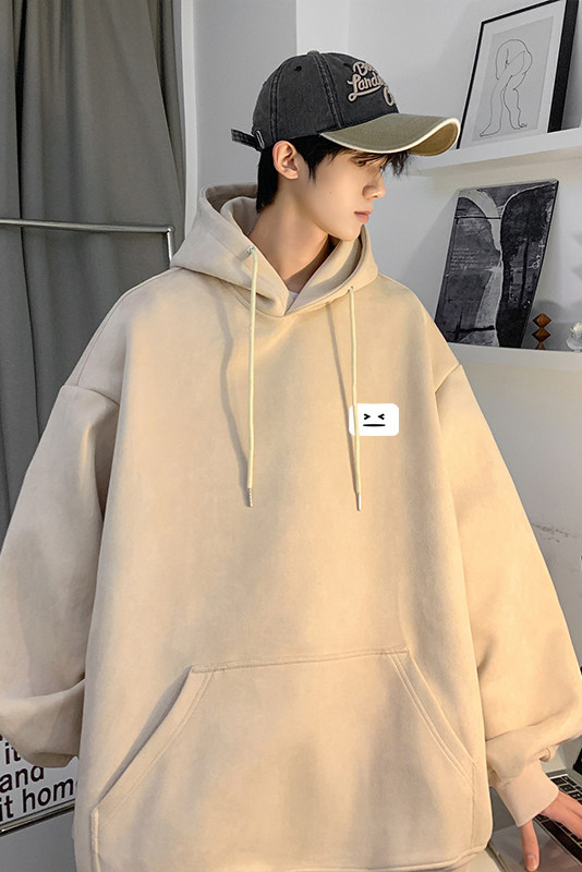 麂皮绒春季新款笑脸小标宽松落肩连帽卫衣JK23340特批43控69,男装卫衣,星座605(原A050)