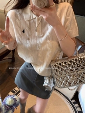 POLOWALK绞花短袖针织衫女士短款显瘦修身气质翻领毛衣女，女装T恤，织己羊绒