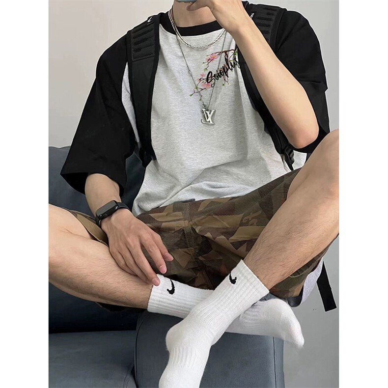 抖音得物高品质二开240克宽松纯棉美式潮牌插肩袖拼接短袖T恤，男装T恤，电商A486