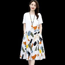 印花拼接棉麻连衣裙女夏季2025新款小个子宽松显瘦遮肚子短袖裙子，女装连衣裙，关键词