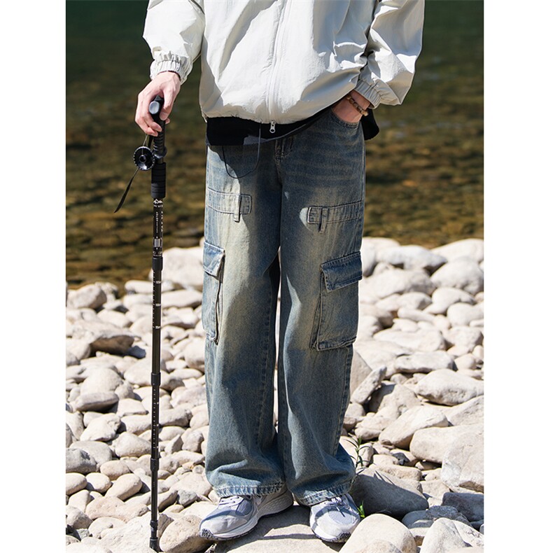 多口袋vibe高街美式复古工装裤女秋阔腿牛仔裤男宽松D1129/P58，男装牛仔裤，电商B381-2