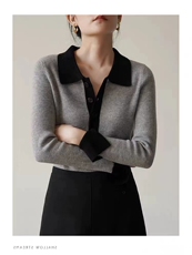 时尚修身羊毛衫polo领拼色设计简约百搭舒适保暖，女装羊毛衫，千御纺羊绒