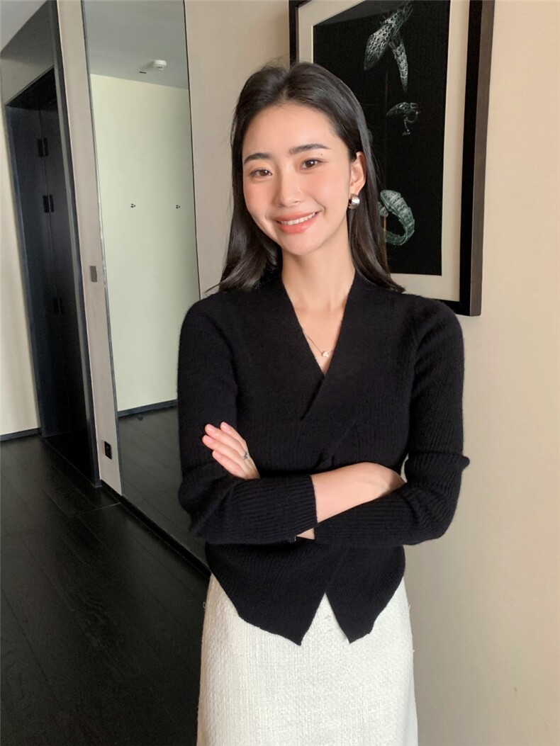 秋冬新款v领衫女修身套头毛衣保暖上衣针织衫打底,针织衫/毛衣,玛卡隆羊绒