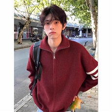 三条杠开衫毛衣男生冬季慵懒风针织衫条纹撞色少年感穿搭外套MY78，男装针织衫/毛衣，星座516A