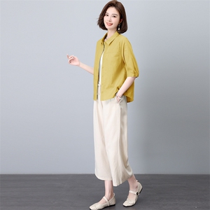 棉麻衬衫套装女2025年夏装新款时尚中年妈妈阔腿裤亚麻减龄两件套图片