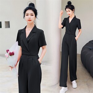 时尚气质紫色两件套装女夏季新款显瘦职业装短袖西服外套阔腿裤图片