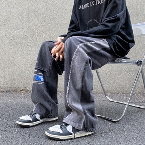 秋季港风拼接男宽松休闲拖地裤水洗直筒长裤高街牛仔裤 K5624-P46图片