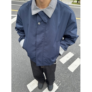 格纹撞色拼接夹克上衣男女春秋宽松休闲情侣痞帅工装外套J6818