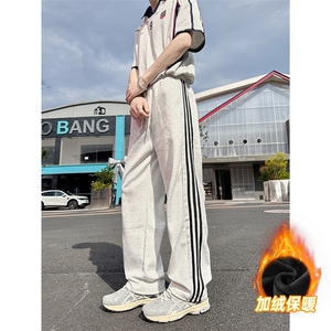 体育生条纹裤子男秋冬季加绒加厚宽松直筒美式hiphop休闲运动卫裤图片