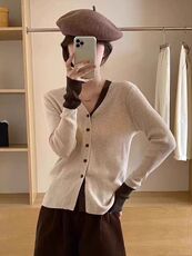 早秋新款V领羊毛开衫女宽松韩版拼色薄长袖针织外搭显瘦抽条上衣，女装针织衫/毛衣，千御纺羊绒