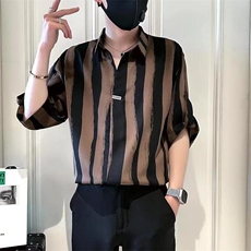 2025夏季新款男潮牌条纹翻领短袖衬衫时尚痞帅高级感休闲宽松，男装T恤，星座218-1（原230）
