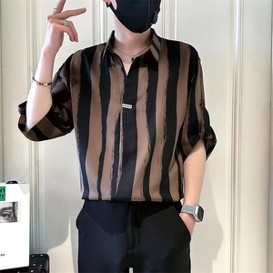 2025夏季新款男潮牌条纹翻领短袖衬衫时尚痞帅高级感休闲宽松图片