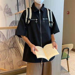 休闲五分袖衬衫港风纯色夏季潮流潮新款短袖衬衣男图片