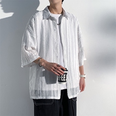 竖条纹短袖半袖衬衫男薄款凉感冰丝舒适大码上衣A071-C65-P38，男装T恤，电商A071