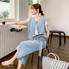 时尚牛仔马甲套装女2025夏季新款超好看短袖T恤宽松阔腿裤三件套，女装套装/套裙，2C236