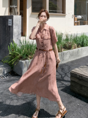 《档口现货26夏上新》气质三色天丝亚麻透气舒适连衣裙配腰带女，女装连衣裙，时尚风爆
