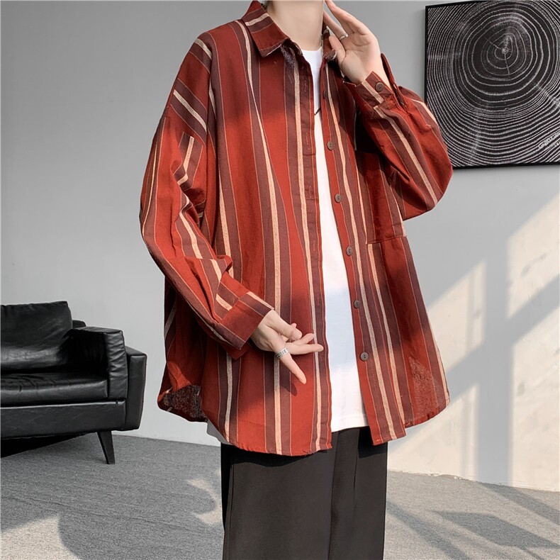 CS4020-P55新款条纹长袖衬衫oversize宽松男士大码衬衣休闲外套,男装衬衫,电商B280-1（原A049）