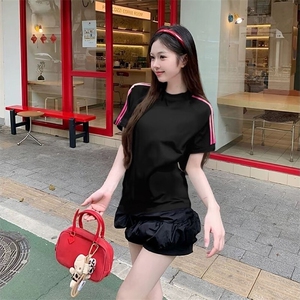抖音得物品质二开240克宽松纯棉美式潮牌印花三条杠中性风短袖T恤