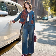 2025年秋季韩系格纹拼接牛仔套装洋气减龄阔腿裤两件套，女装套装/套裙，欣品汇