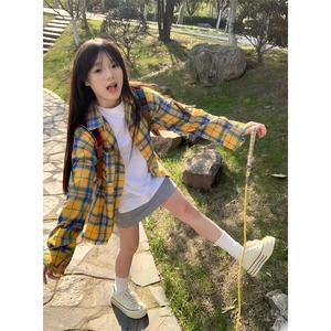 韩版超好看撞色格子polo领长袖衬衫女早春宽松慵懒风百搭薄款外套图片