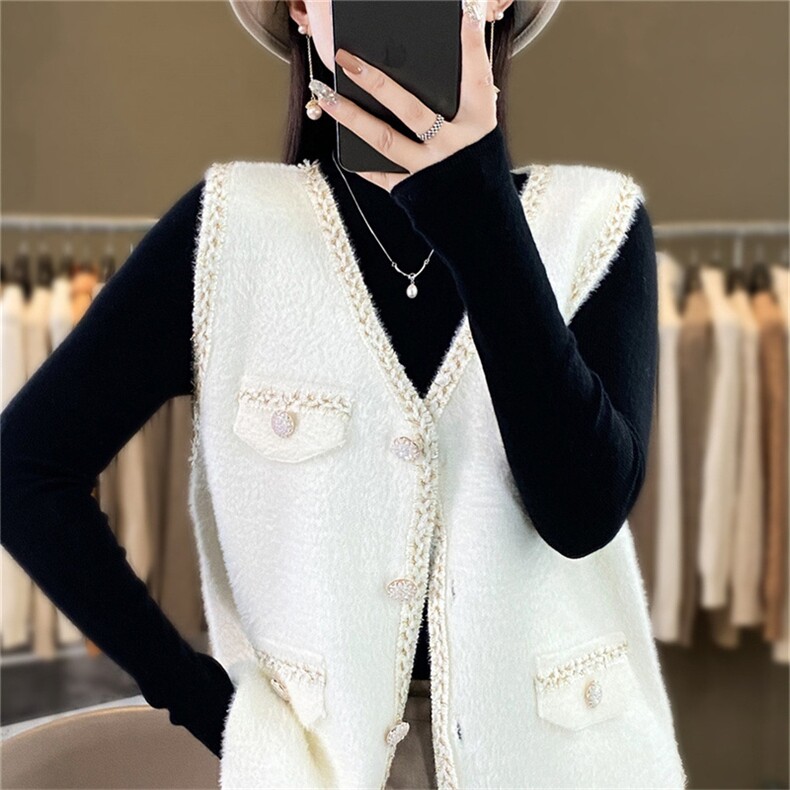 时尚女装水貂绒马甲外套优雅显瘦无袖背心冬季保暖百搭单品,女装马甲,暖姿羊绒