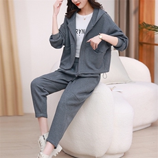 春季新款时尚针织连帽套装显瘦修身休闲两件套，女装套装/套裙，梦芯尔