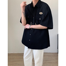 美式复古华夫格短袖衬衫男女夏古着学院风设计感小众开衫衬衣，男装衬衫，星座506A