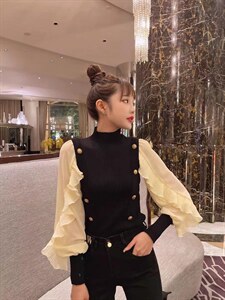 针织上衣 拼接小衫图片