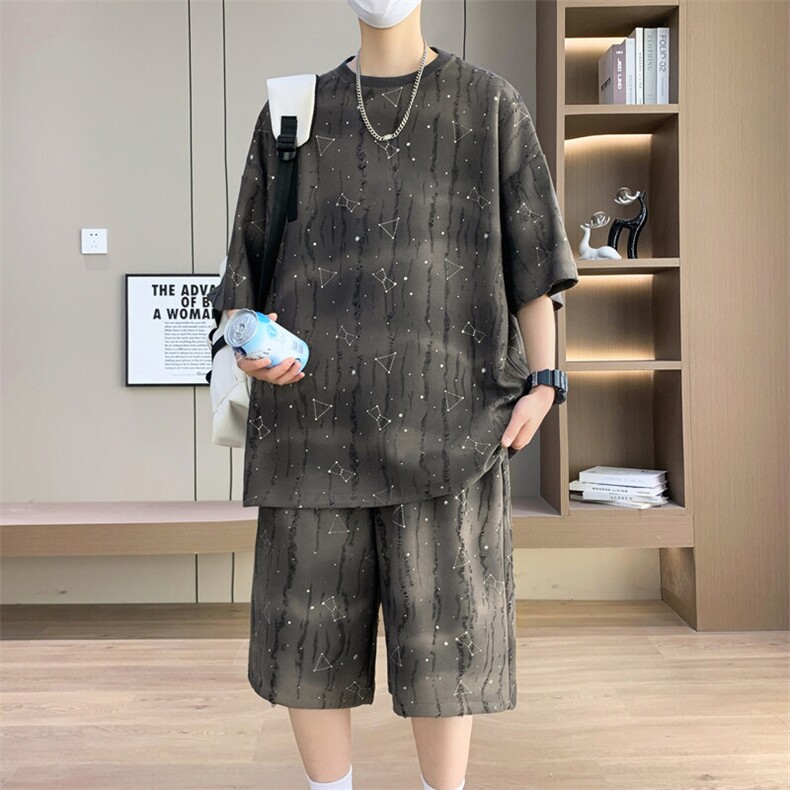 港风套装男宽松满天星扎染短袖T恤短裤休闲套装TZ6632-P55,男装休闲套装,星座310B-3