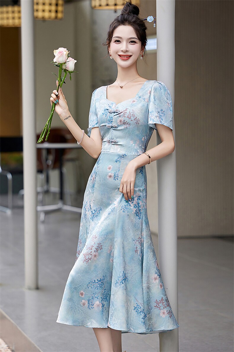 优雅雪纺碎花连衣裙女2025夏季新款飘带领高级感显瘦减龄气质长裙,女装连衣裙,欣贝拉