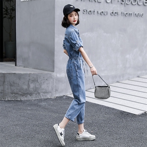 休闲牛仔连体裤女2024春夏新款高腰时尚显瘦百搭工装小个子连衣裤图片
