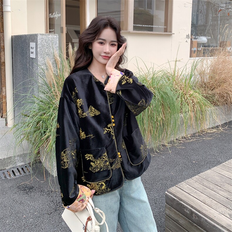 正反两穿金丝绒刺绣新中式外套2C081-0262P160K258,女装短外套,2C081