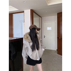 植绒开衫毛领外套拉链连帽毛领撞色条纹开衫JK790-P78，女装短外套，星座910