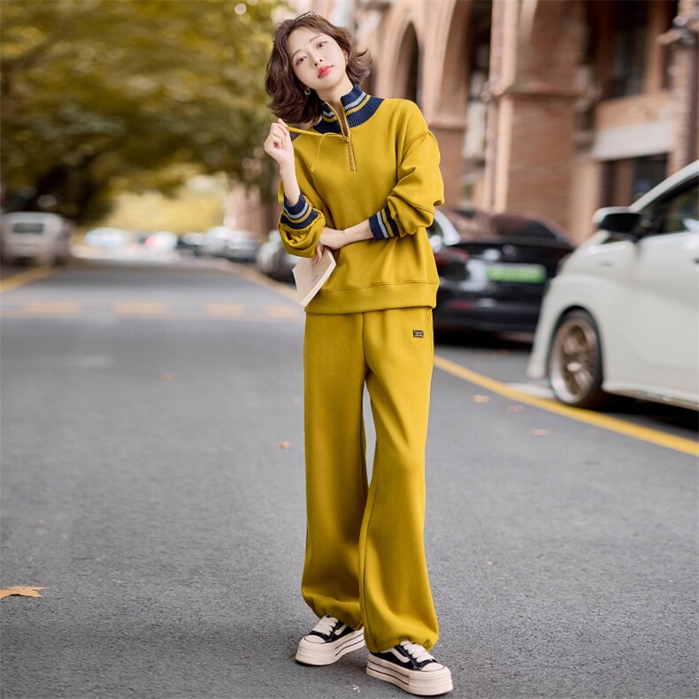 姜黄色休闲运动女秋冬高级感欧货加绒加厚减龄立领卫衣,女装卫衣/绒衫,梦懿尔