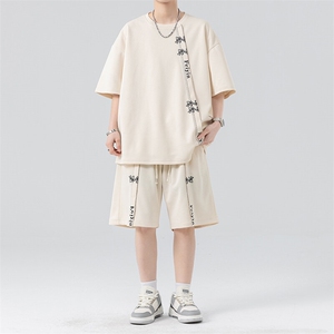 套装男夏季新款港风宽松高级感设计短袖T恤五分裤一套TZ6015特P38图片