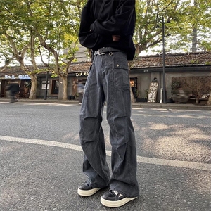 美式高街褶皱设计感工装牛仔裤男款春秋季潮流休闲宽松直筒长裤子图片