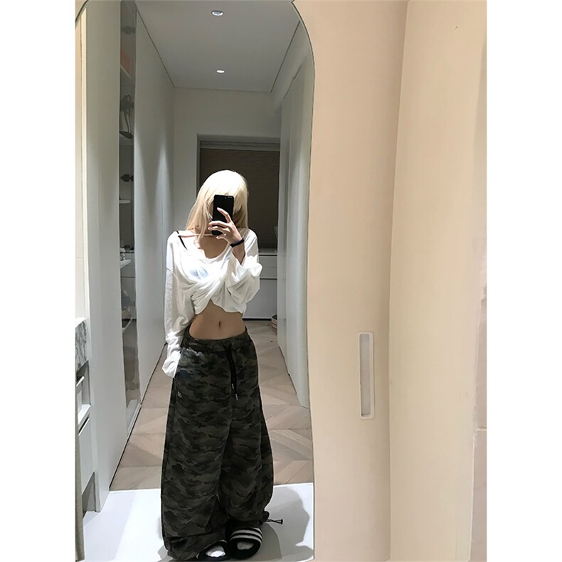 JMJ美式复古抽绳阔腿迷彩裤男女宽松休闲潮流百搭直筒拖地长裤,男装休闲裤,星座506A